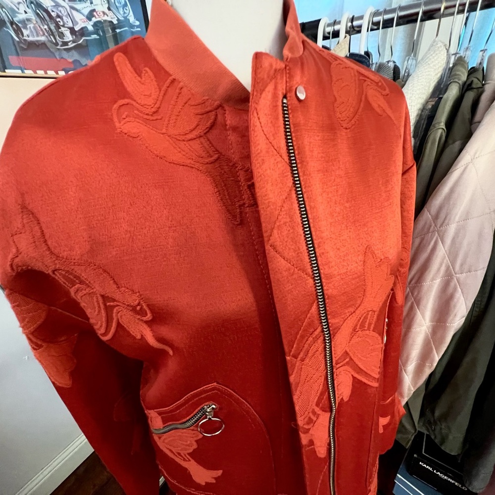 MNG MANGO Brocade Bird Luxury Utility Moto Military Jacket Burnt Orange M L